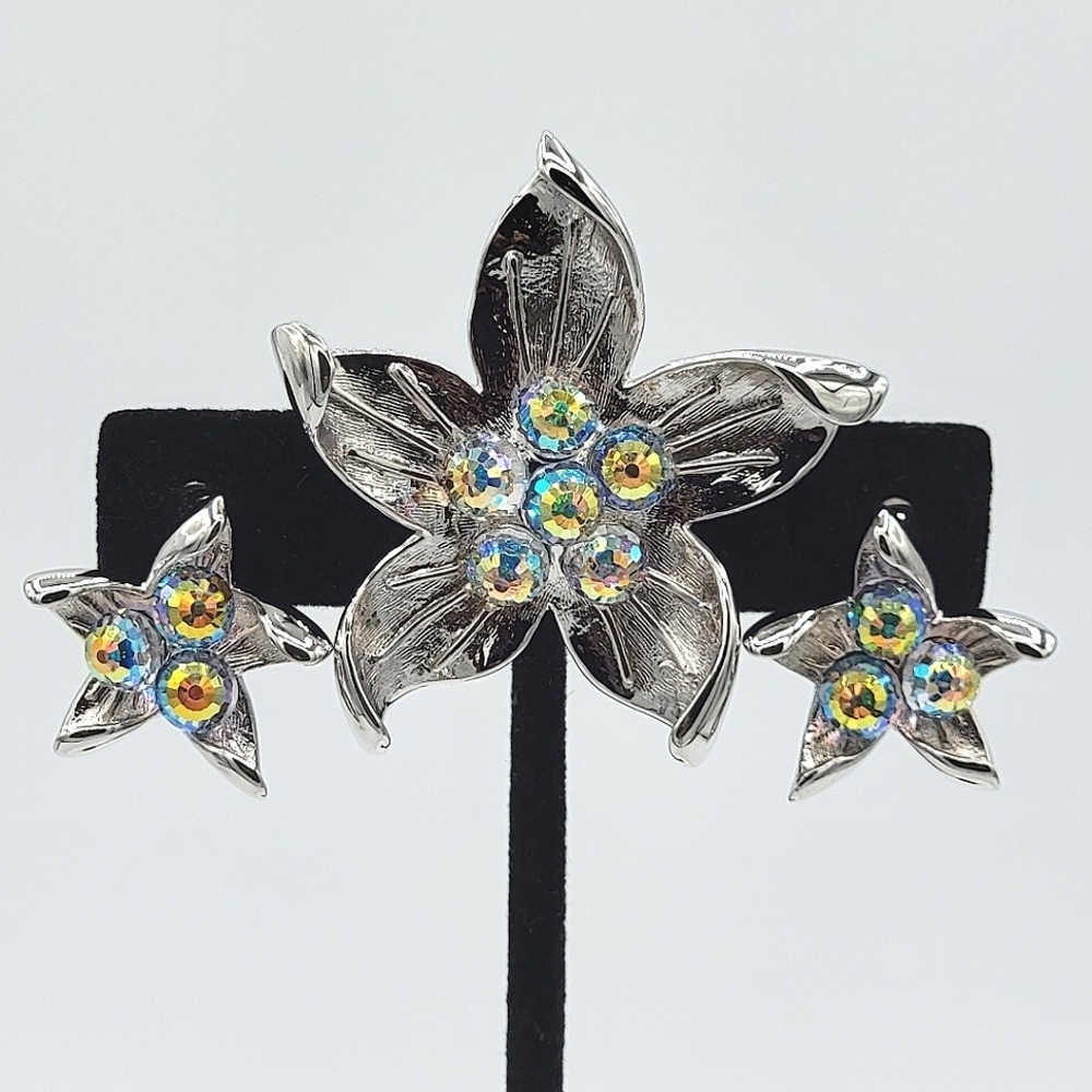 Butler Floral Brooch & Earrings Crystal AB #2452